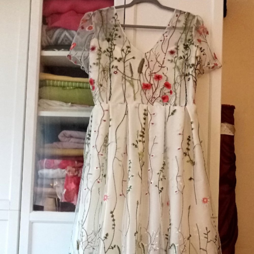 Off white floral embroidered dress
